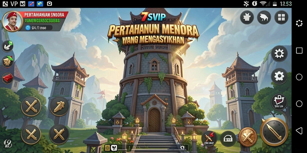 Screenshot gameplay Tower Defense menampilkan aksi menara melawan gelombang musuh.