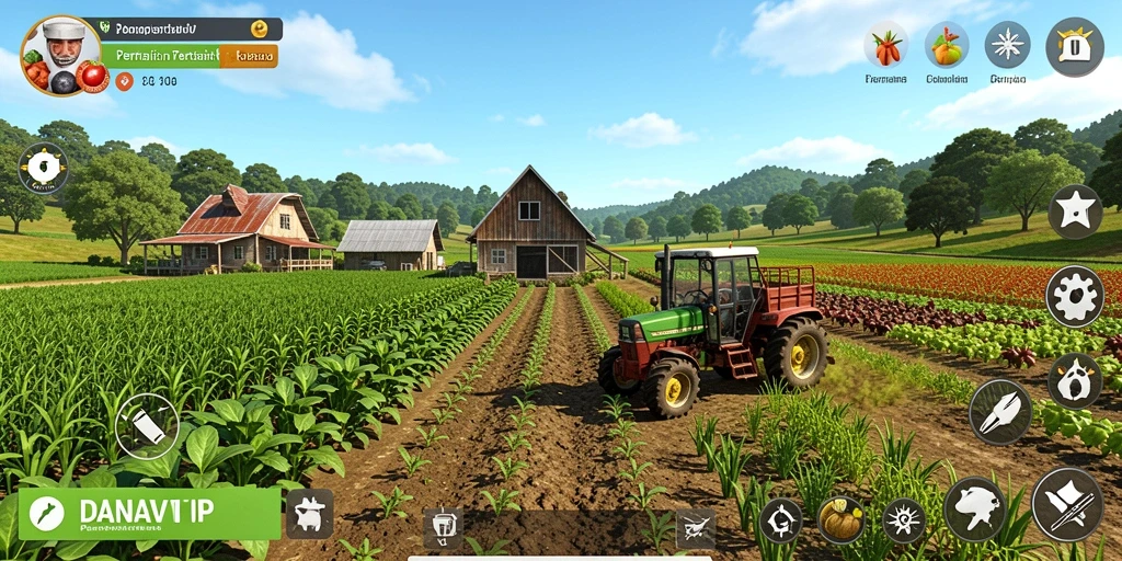 Tangkapan layar utama dari gameplay <strong>DANAVIP</strong> menampilkan kejayaan kebun pertanian.