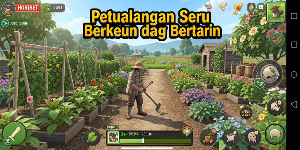 Screenshot gameplay HOKIBET menampilkan kebun yang subur dan hewan peliharaan.