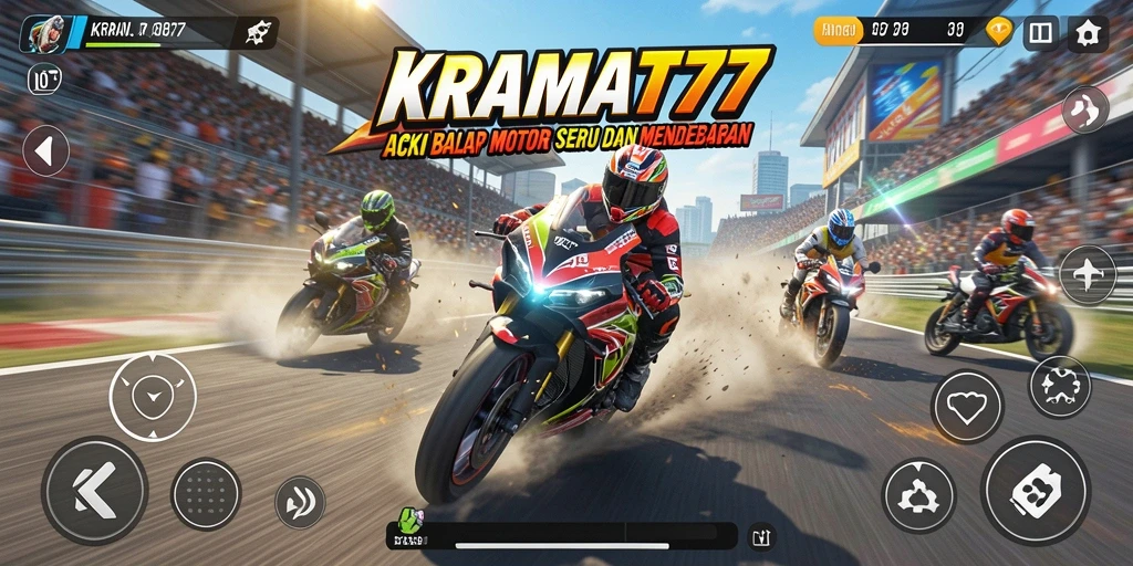 Gameplay seru KRAMAT77 dengan balapan motor yang cepat.
