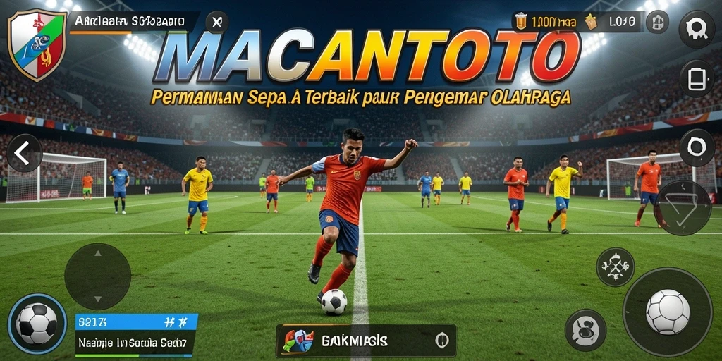 Tangkapan layar dari gameplay sepak bola yang dinamis dan menarik.