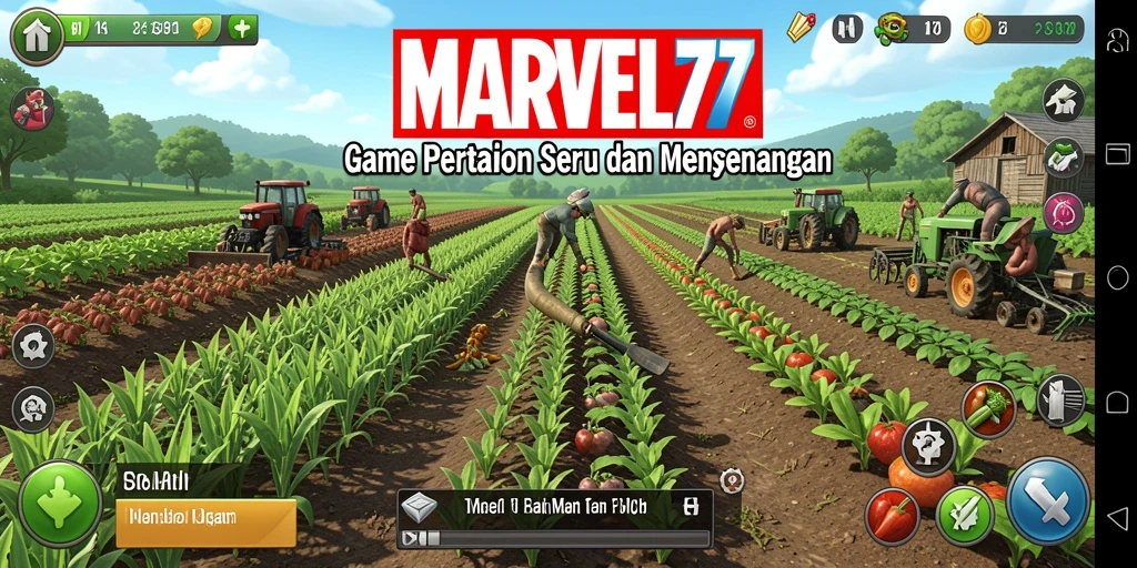 Tampilan gameplay MARVEL77 dengan ladang yang penuh tanaman.