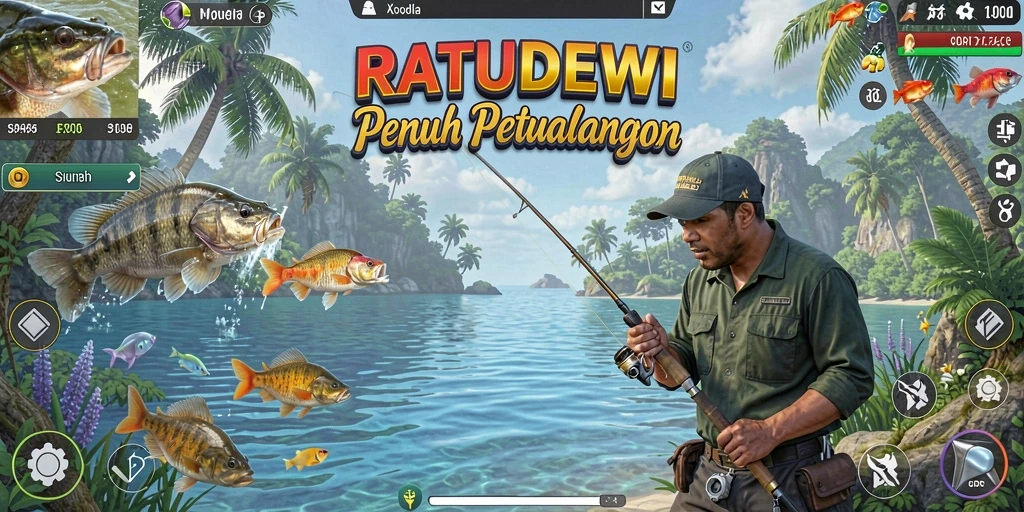 Screenshot gameplay RATUDEWI menampilkan aksi memancing yang seru.