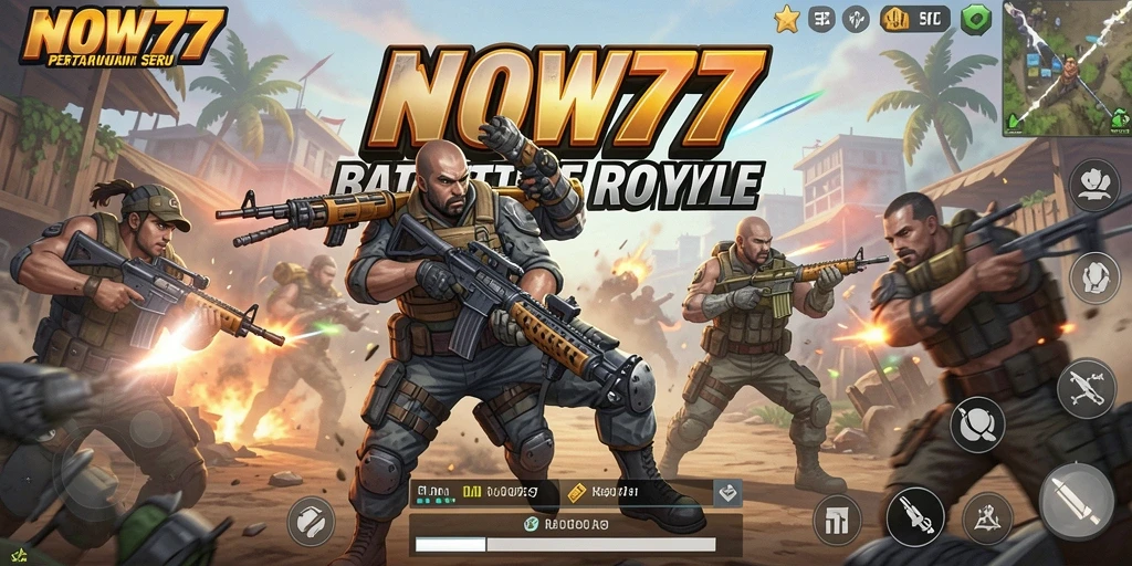 Gameplay WOW77 menampilkan pertarungan intens di arena Battle Royale.