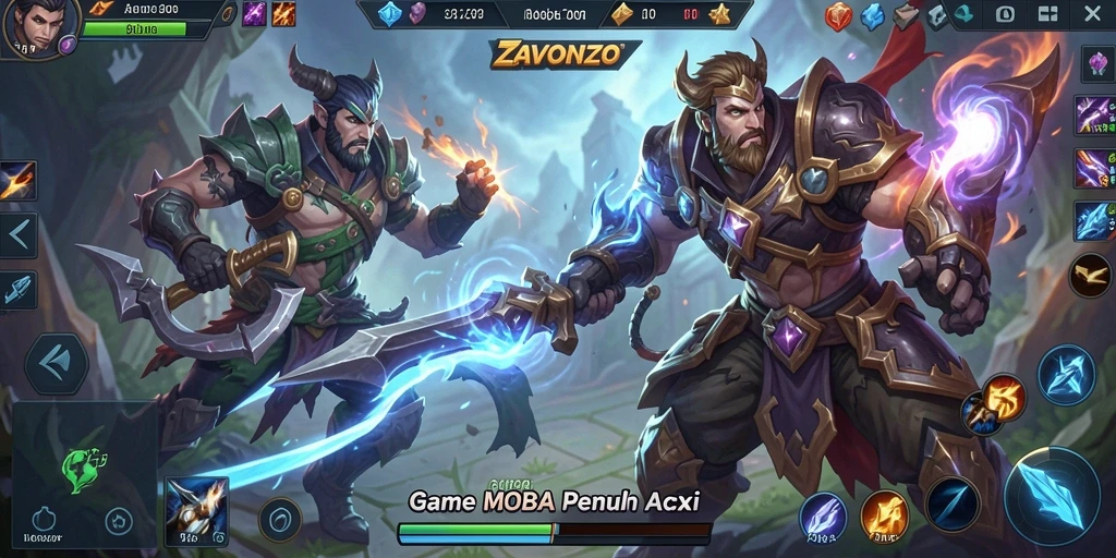 Tangkapan layar ZAVONZO menampilkan aksi seru dalam pertempuran MOBA.